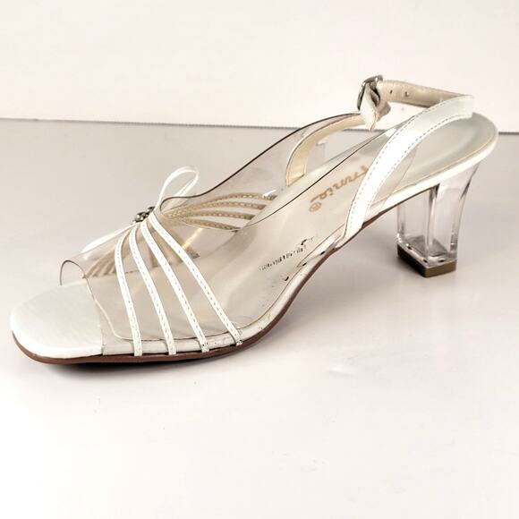 Annie White Slingback Sandals 6M Open Toe Clear Heel Strappy Bow Rhinestones - Picture 8 of 16